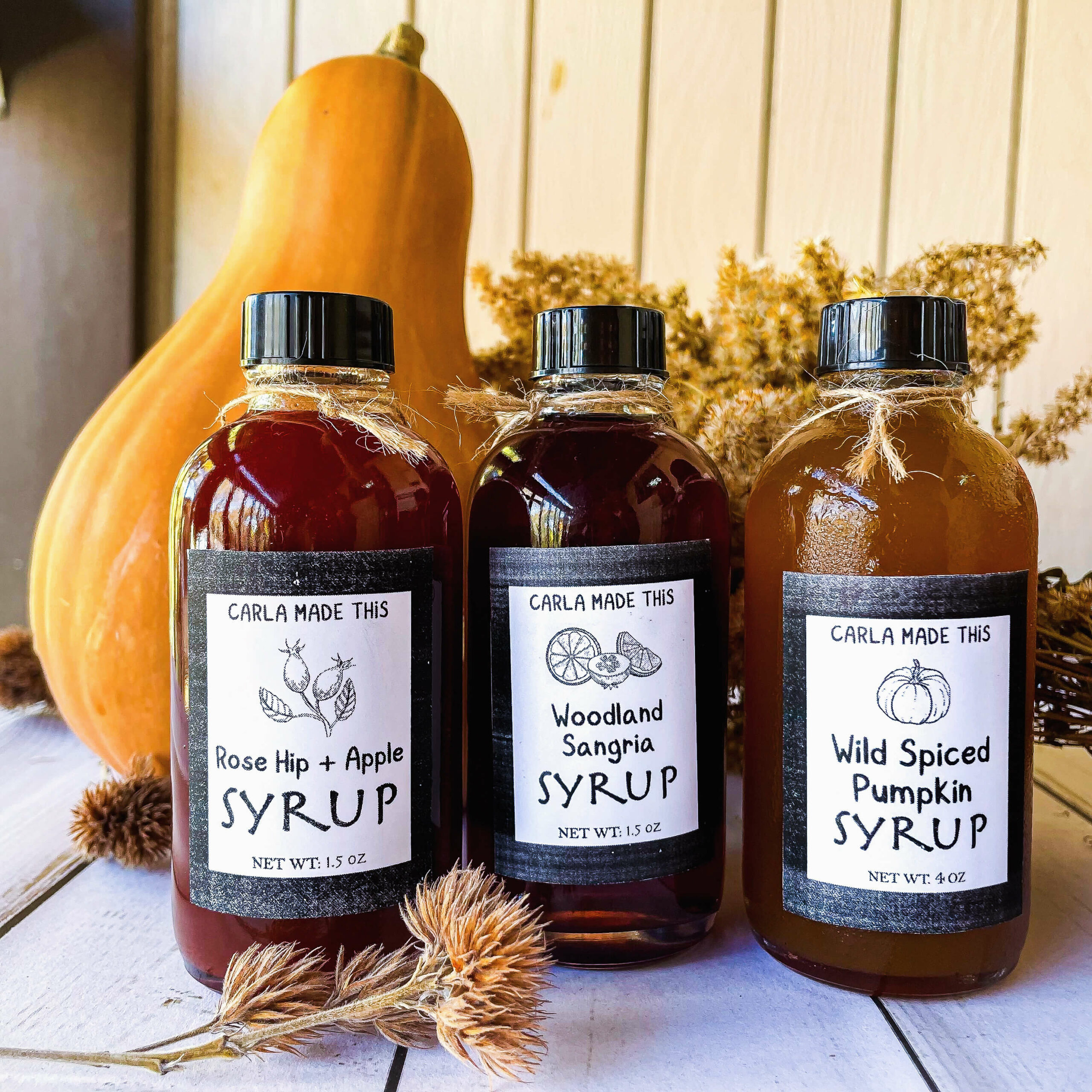 3 bottles of autumnal syrup flavors